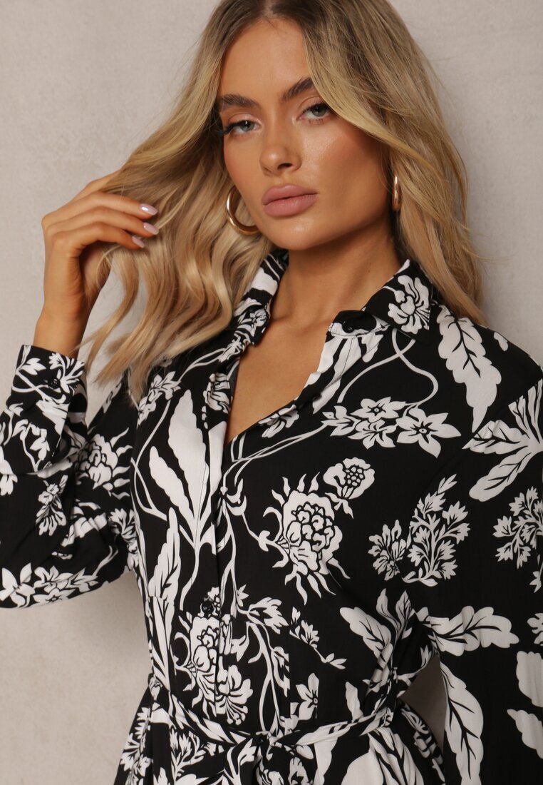 sweet&girl Rochie Negru-Alb Lungă tip Cămașă cu Model Floral Seraplle