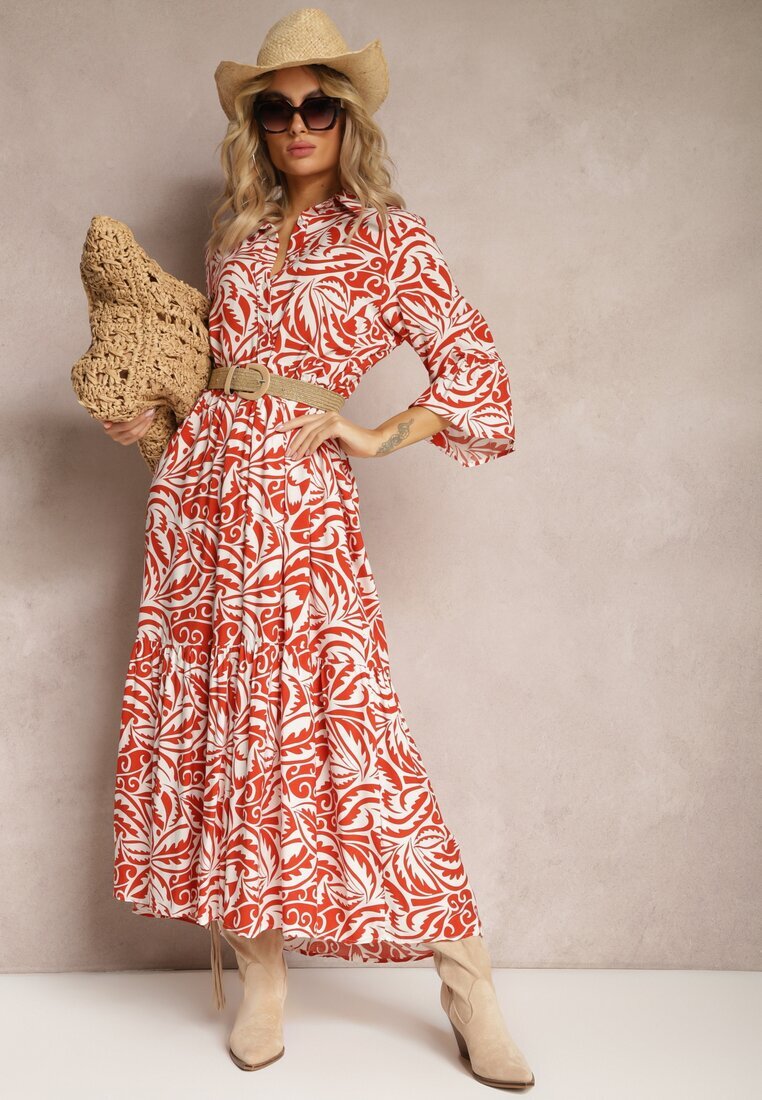sweet&girl Rochie Portocaliu-Albă Maxi cu Volan cu Nasturi și Model Oriental Buline