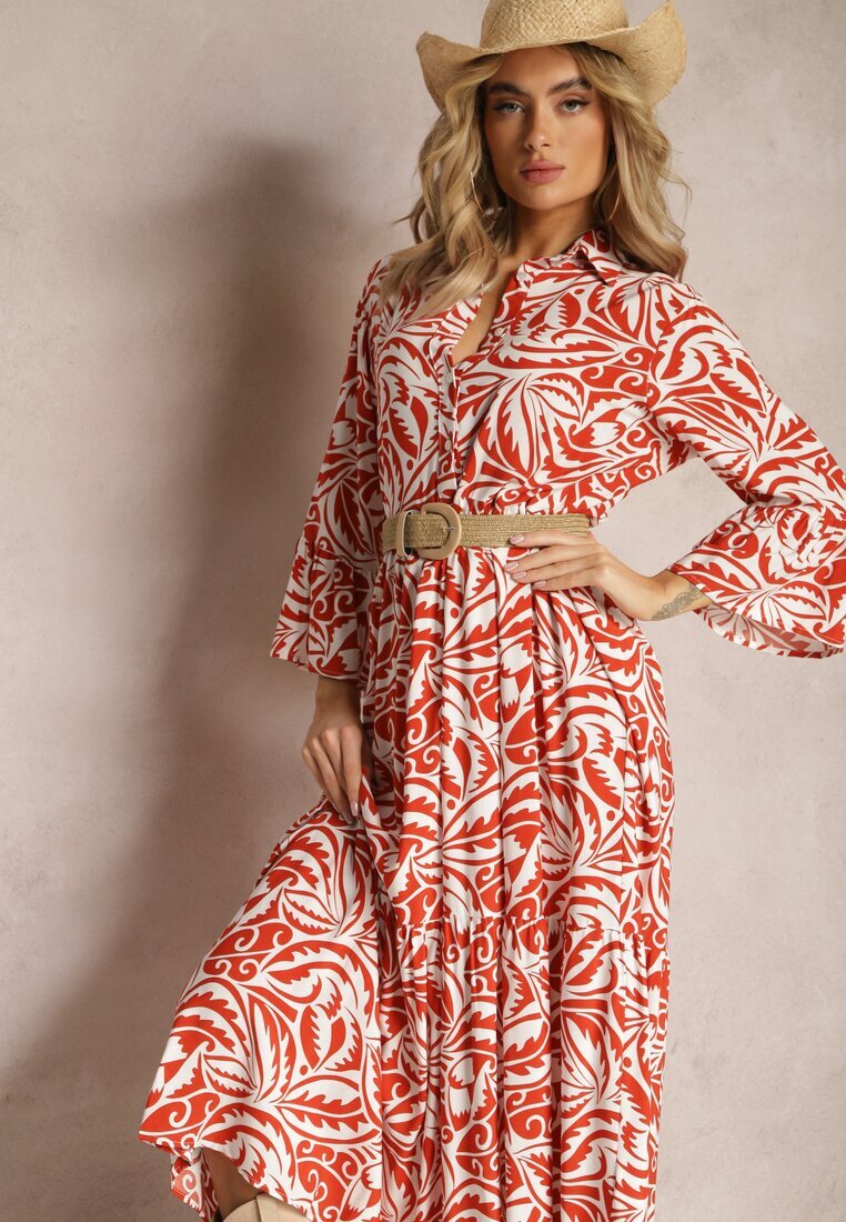 sweet&girl Rochie Portocaliu-Albă Maxi cu Volan cu Nasturi și Model Oriental Buline
