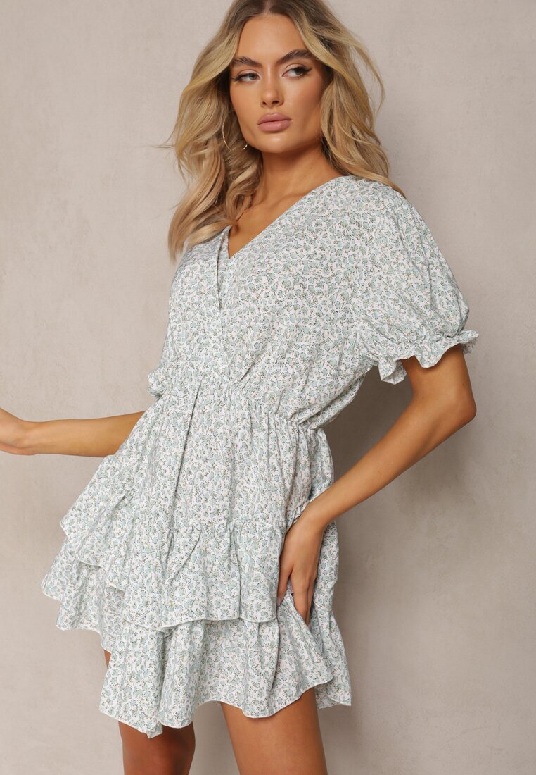 sweet&girl Rochie Scurtă Alb-Verde De vară cu elastic în talie și volane Jasimra
