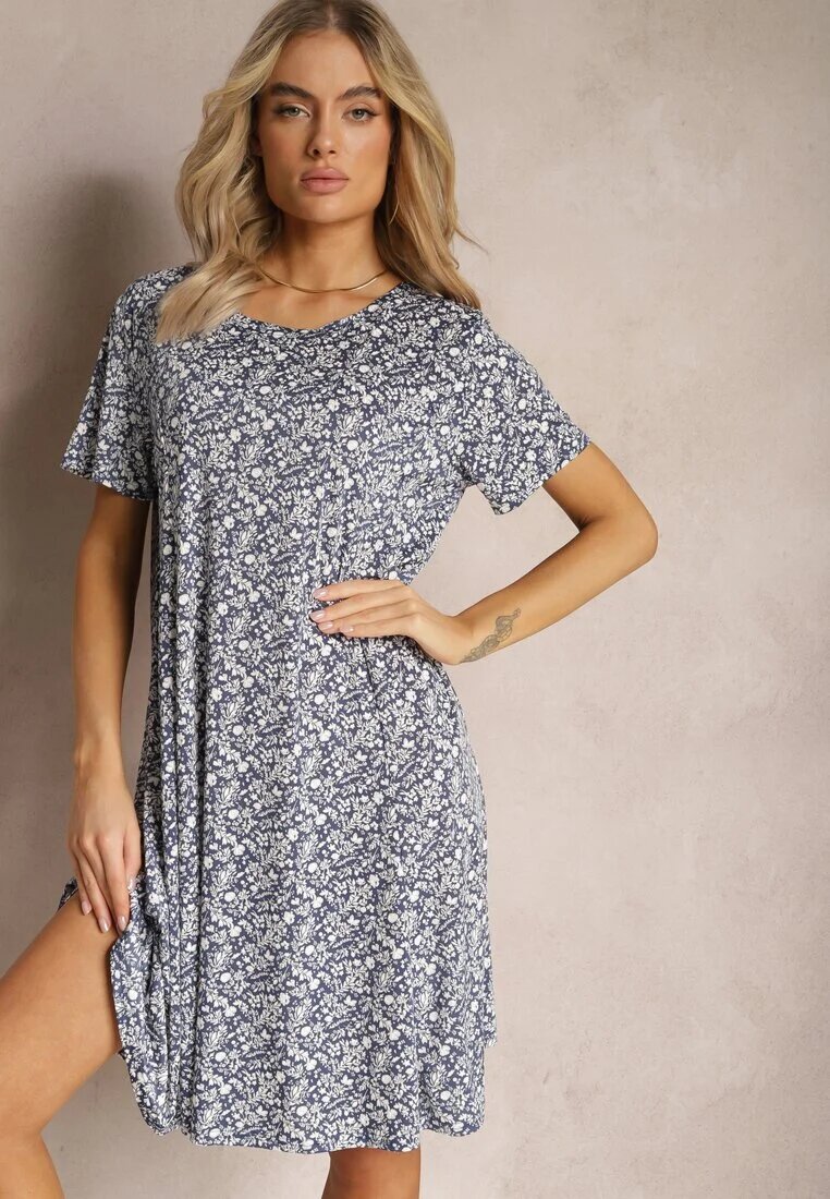 sweet&girl Rochie scurtă albastru-marin și albă cu tiv evazat și decolteu rotund din viscoză Dapnehli