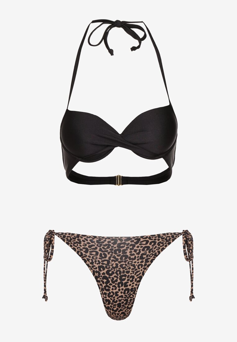 swest Bikini Negru-Bej cu legături Sutien Halter și Chiloți Savadine
