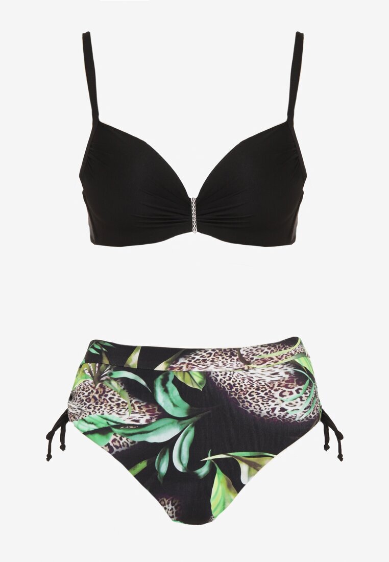 swest Bikini Negru cu Motiv Floral Sutien și Chiloți tip figă cu încrețituri Sadorene