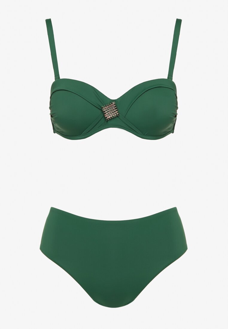 swest Bikini Verde închis Sutien Decorat cu Aplicație Geometrică și Chiloți Figi Kinrina