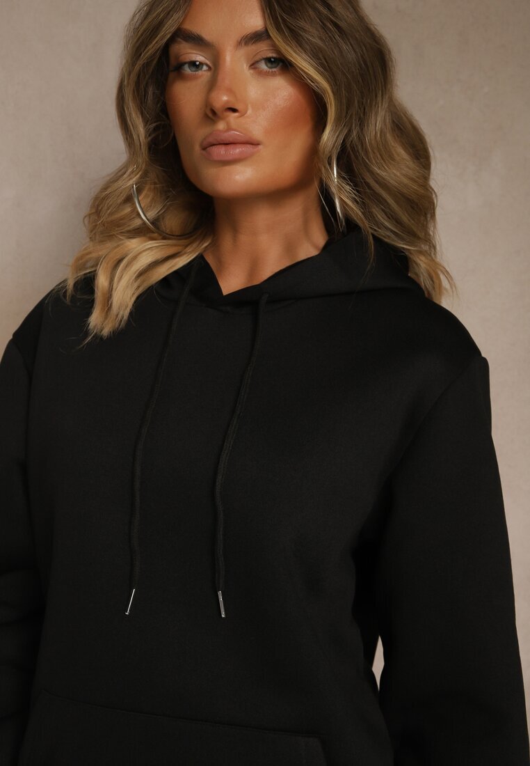 swest Bluza Neagră cu Glugă Decorată cu Borduri Invila