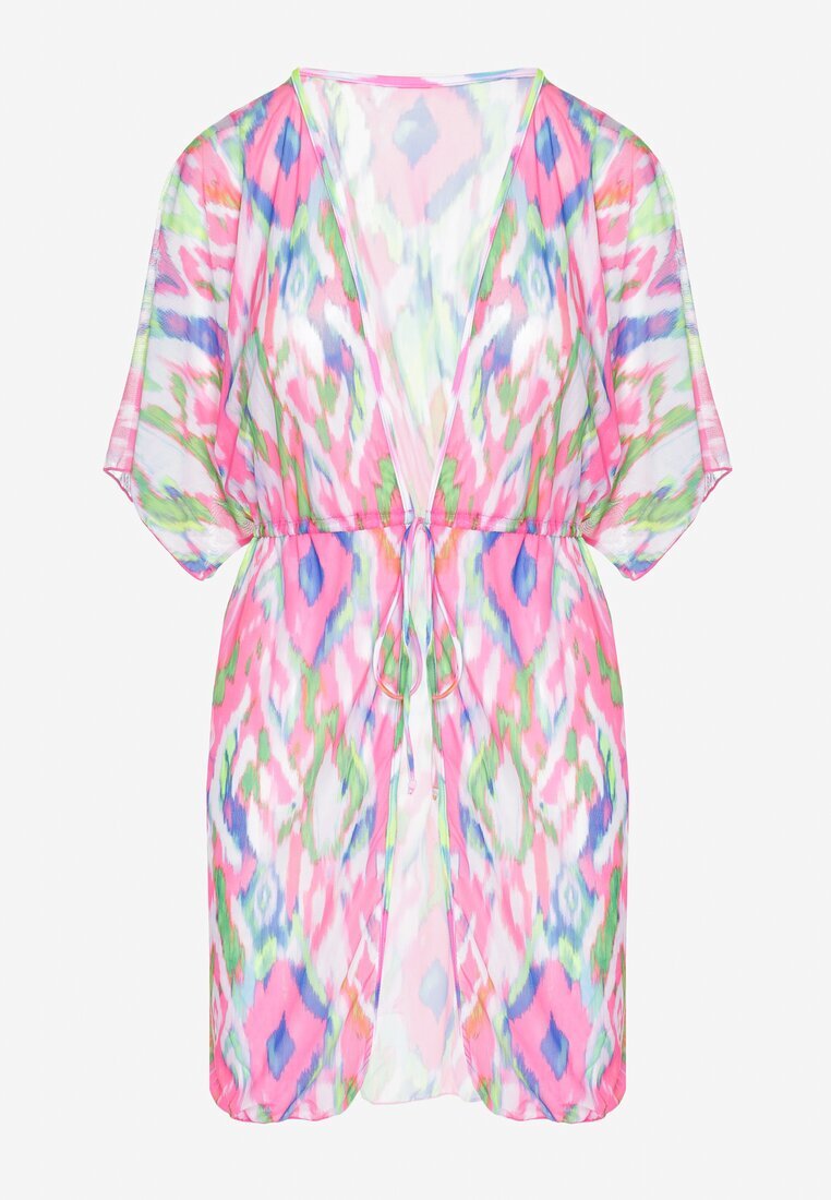 swest Cardigan din plasă Fuchsia cu Motiv Abstract Decorat cu Legătură Revoreia