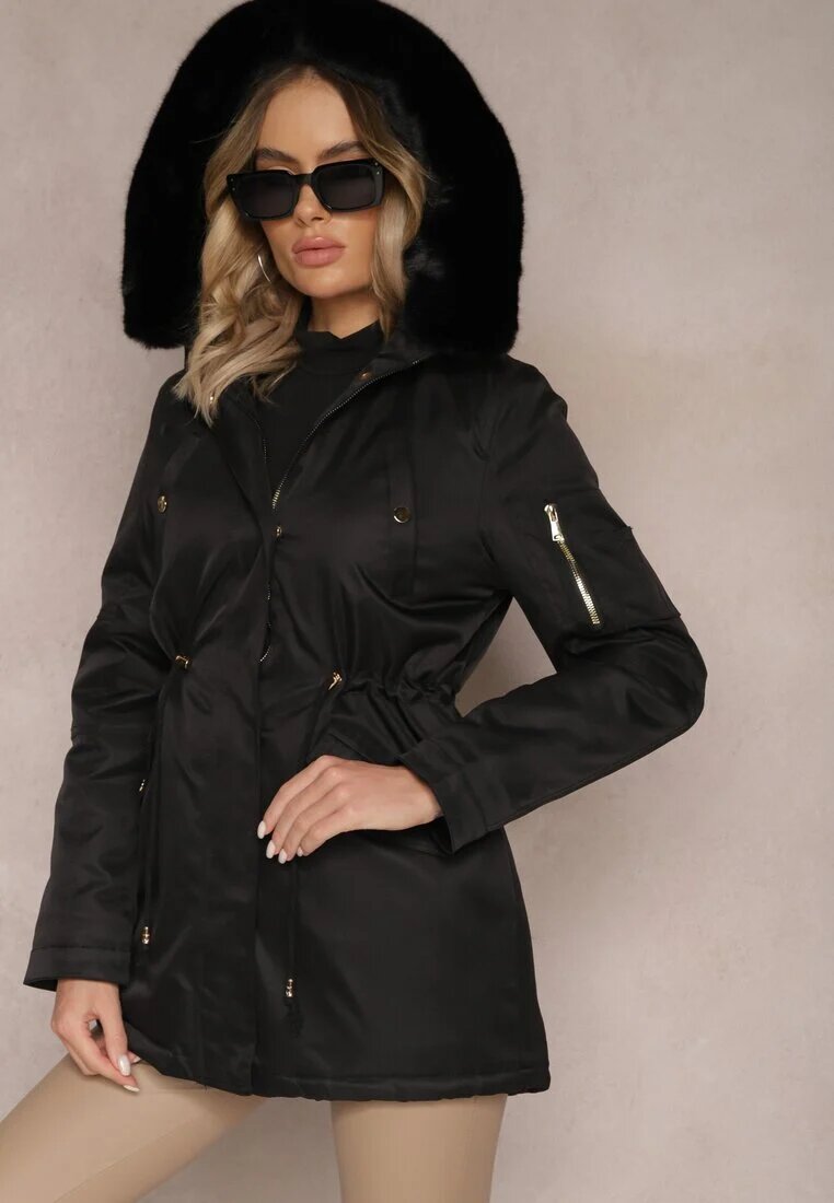 swest Geacă Parka Negru cu Glugă și Blană Decorativă Dioneta