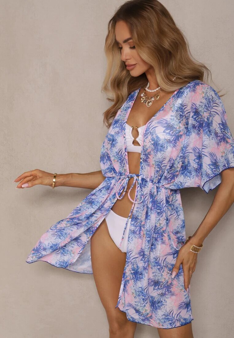 swest Kaftan de plajă albastru cu legătură cu imprimeu floral Mevelaura