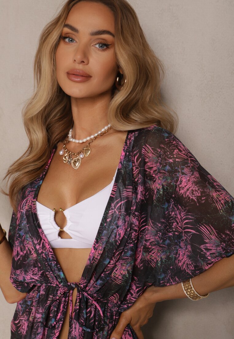swest Kimono de plajă Negru cu Cordon cu Imprimeu Floral Mevelaura