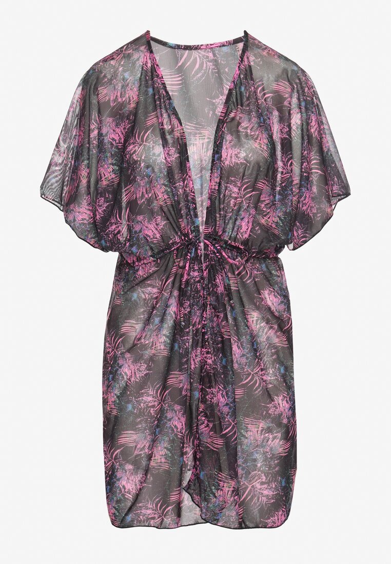 swest Kimono de plajă Negru cu Cordon cu Imprimeu Floral Mevelaura