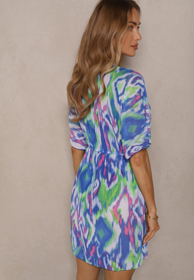 swest Kimono din plasă albastru cu motiv abstract decorat cu șnur Revoreia