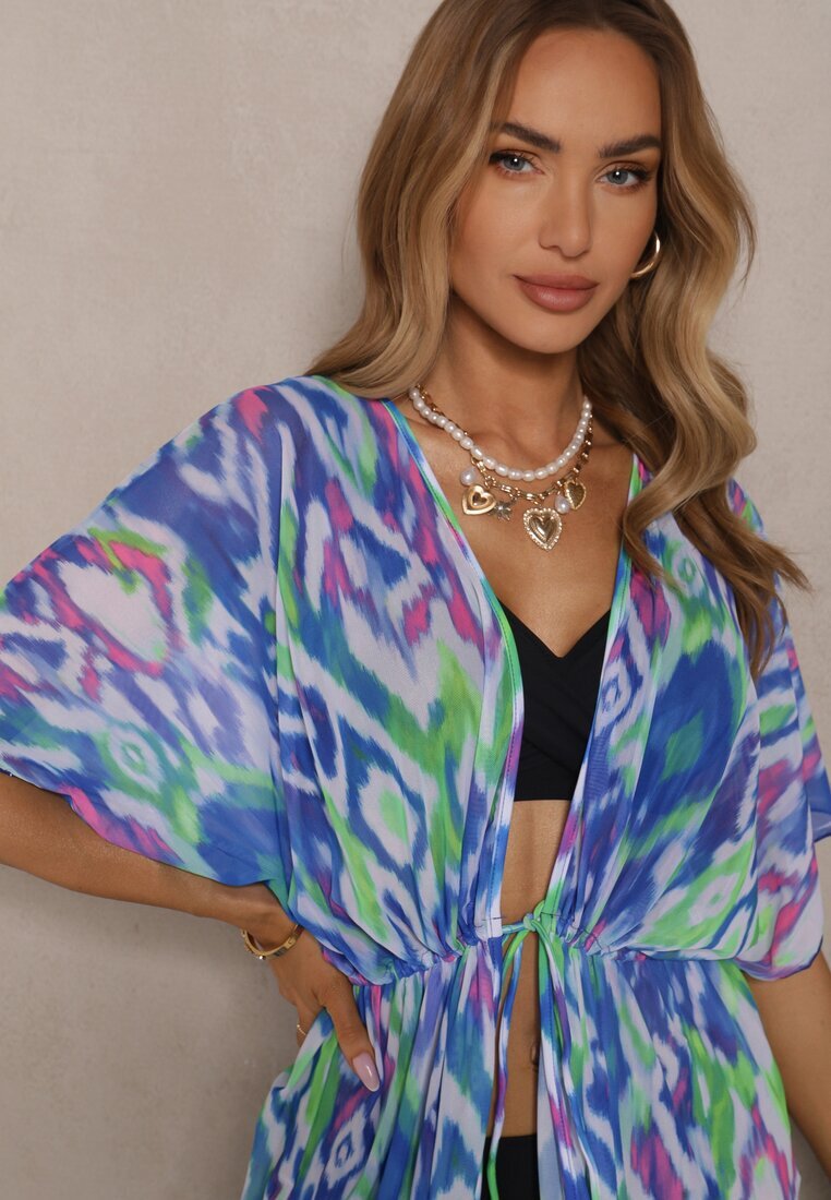 swest Kimono din plasă albastru cu motiv abstract decorat cu șnur Revoreia