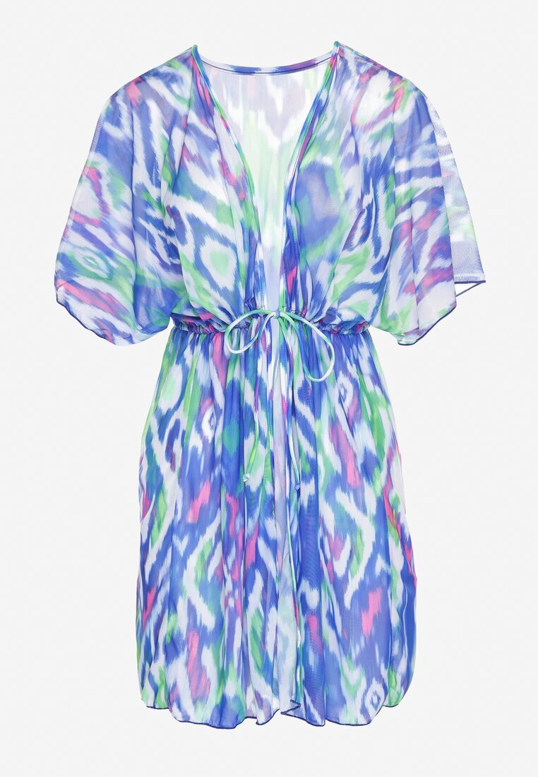 swest Kimono din plasă albastru cu motiv abstract decorat cu șnur Revoreia