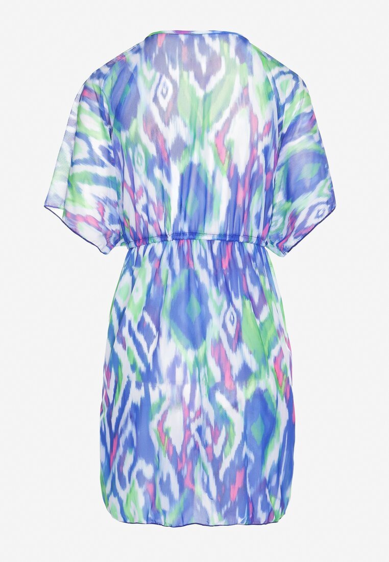 swest Kimono din plasă albastru cu motiv abstract decorat cu șnur Revoreia