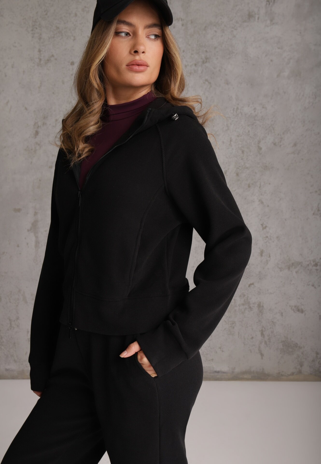 swest Set de trening cu model rib cu glugă și pantaloni wide leg Jateia Negru