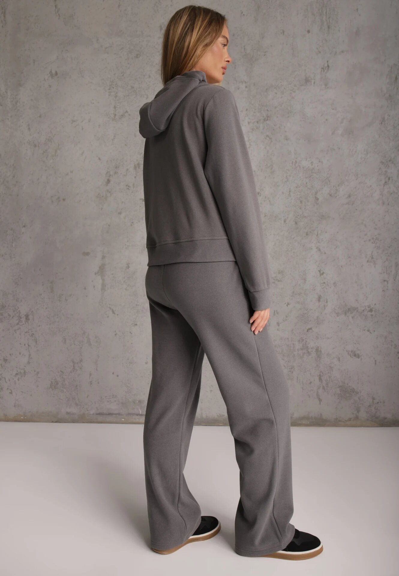 swest Set de trening din polar bluză cu fermoar și glugă pantaloni wide leg Ivama Gri deschis