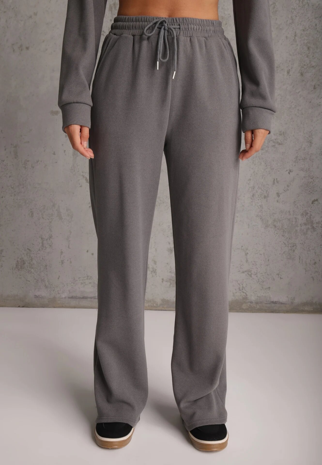 swest Set de trening din polar bluză cu fermoar și glugă pantaloni wide leg Ivama Gri deschis