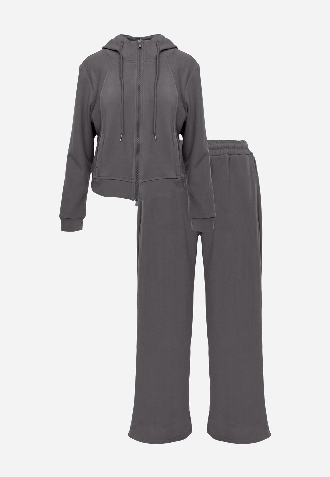 swest Set de trening din polar bluză cu fermoar și glugă pantaloni wide leg Ivama Gri deschis