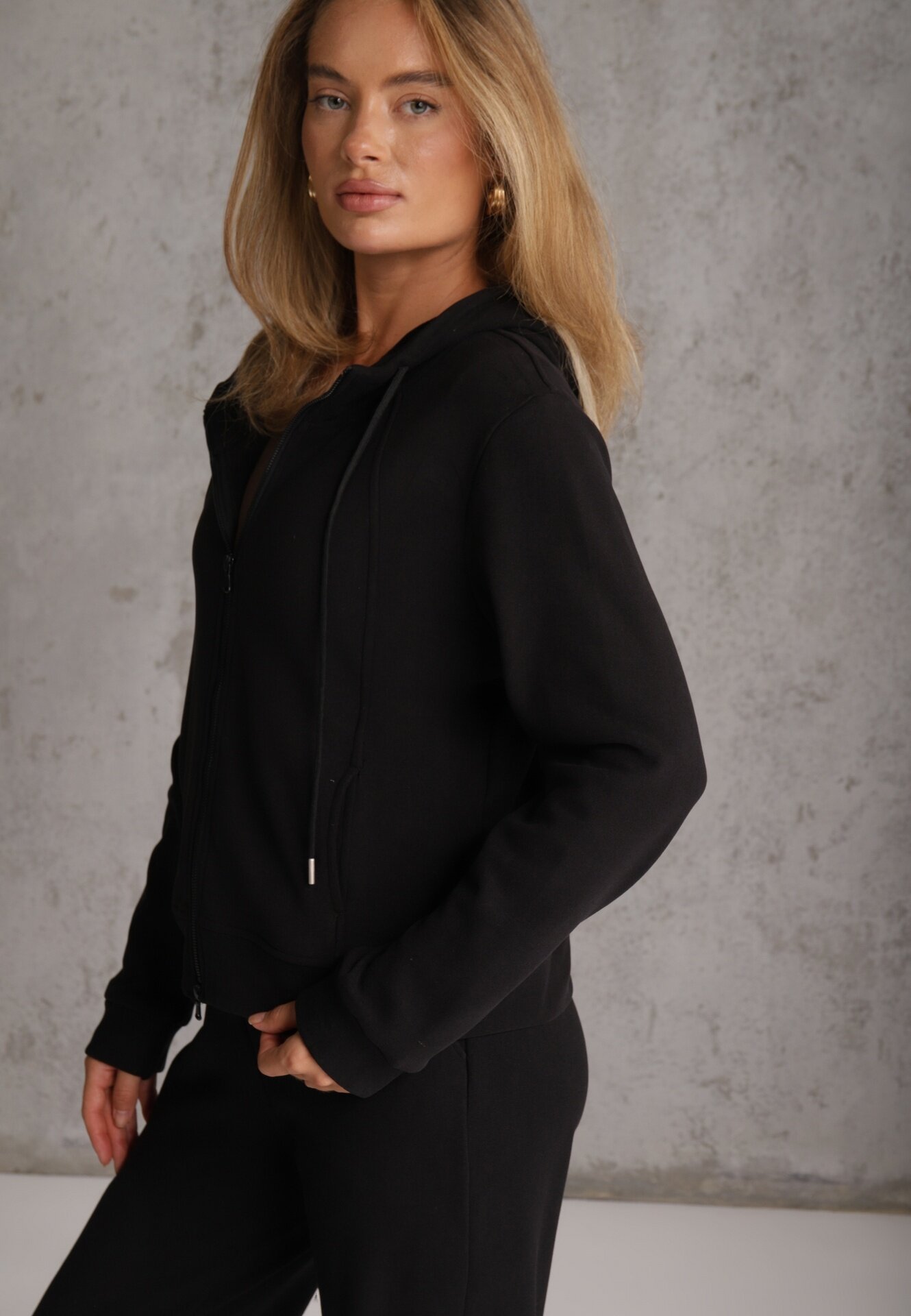 swest Set de trening din polar bluză cu fermoar și glugă pantaloni wide leg Ivama Negru