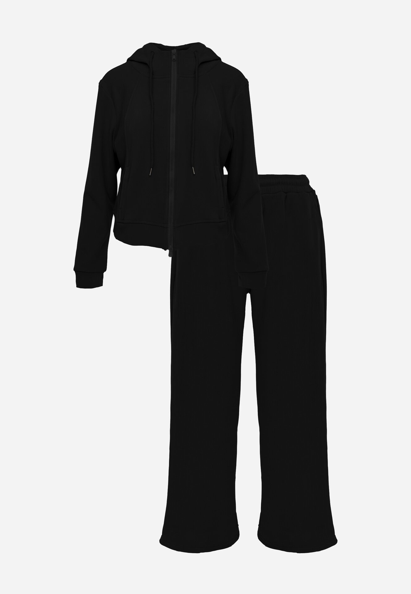 swest Set de trening din polar bluză cu fermoar și glugă pantaloni wide leg Ivama Negru