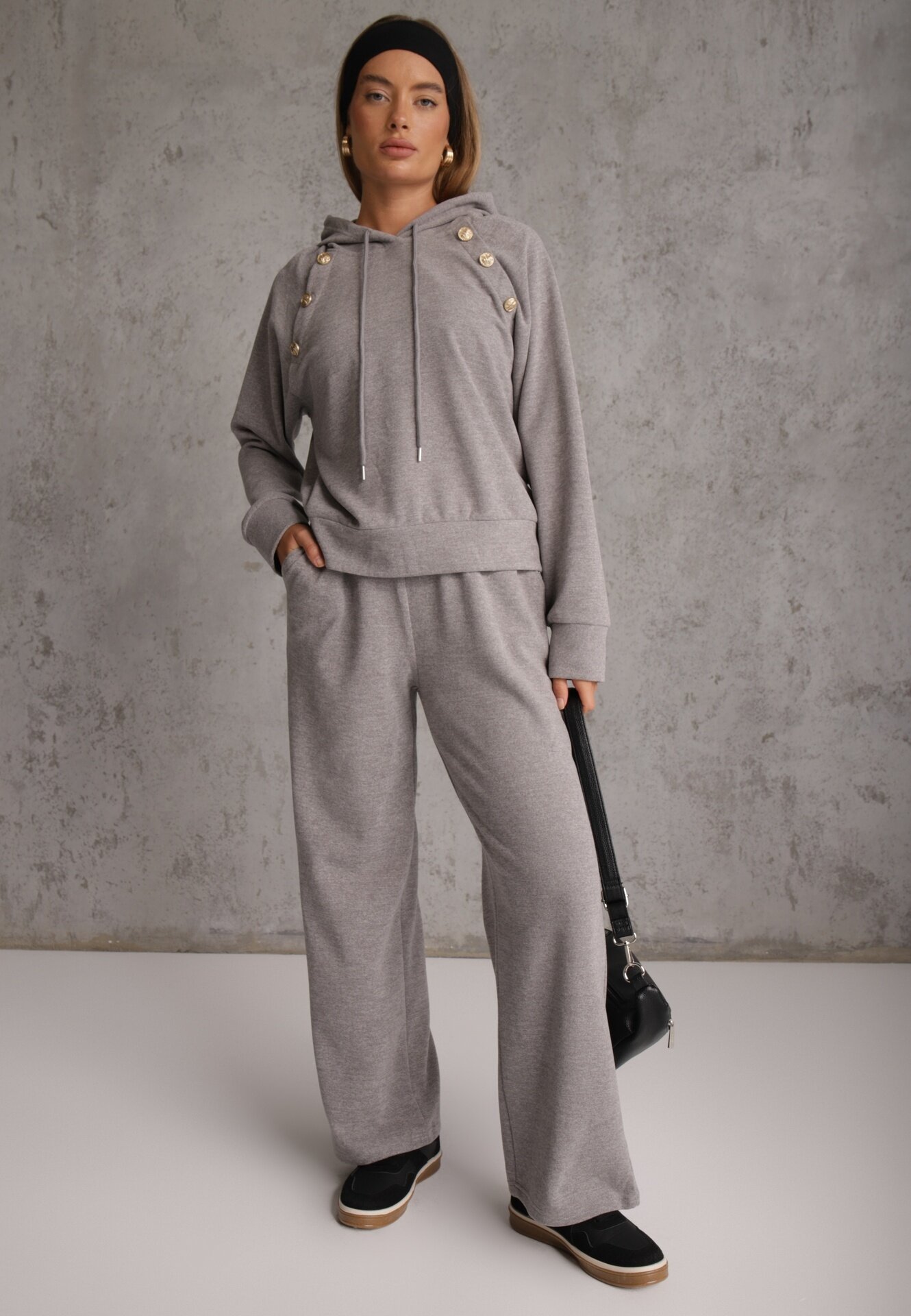 swest Set trening pantaloni Wide Leg și bluză cu glugă și aplicații Nailena Gri