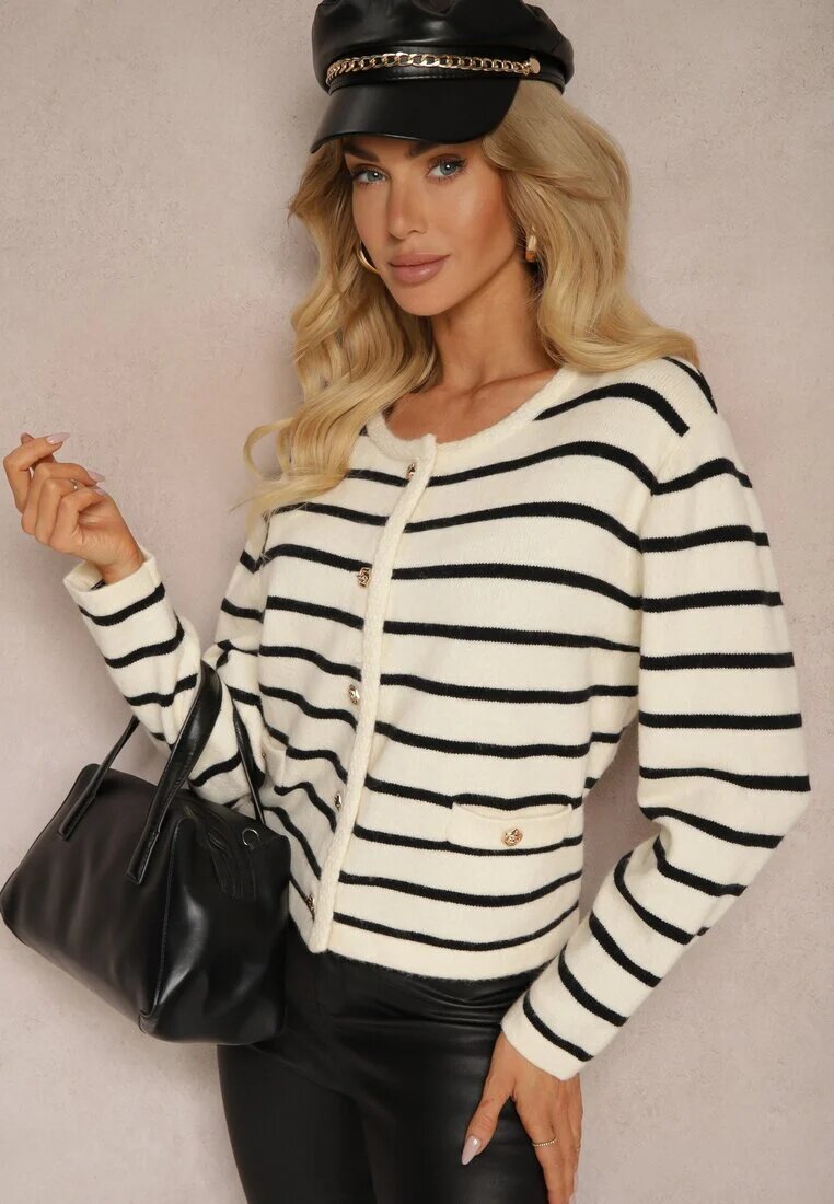 tandem Cardigan Crem-Negru cu Adaos de Cașmir cu nasturi Decorat cu Dungi și Imitație de Buzunare Ediala