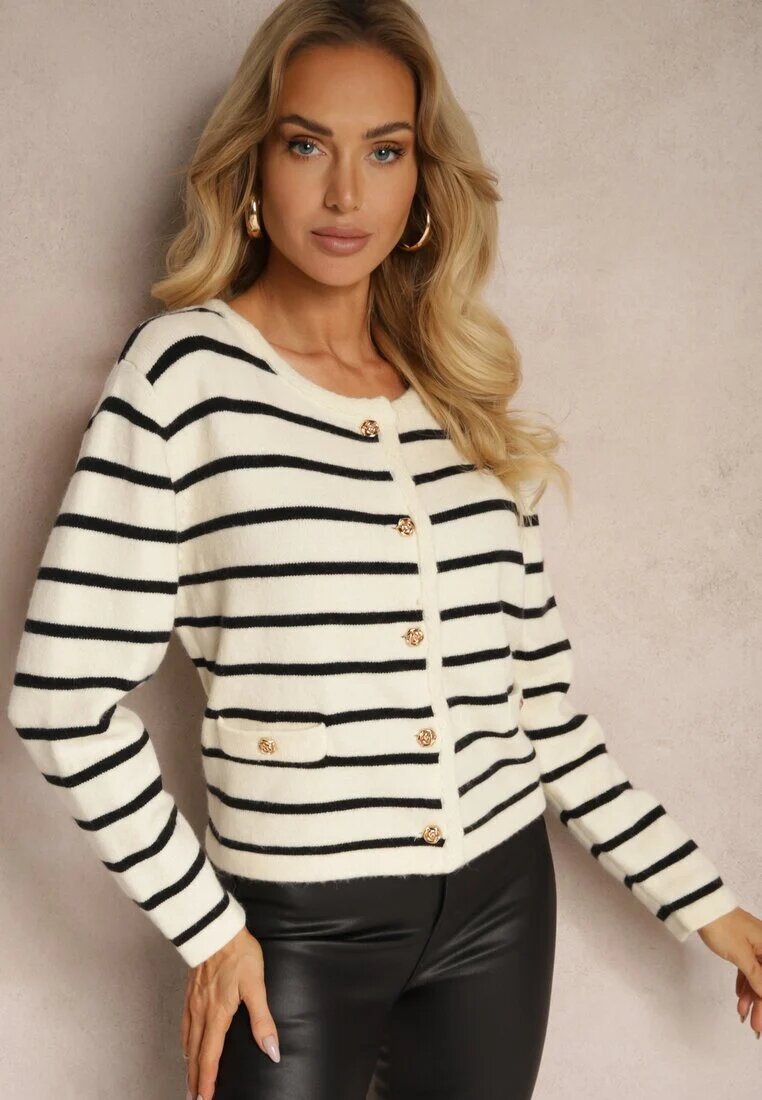 tandem Cardigan Crem-Negru cu Adaos de Cașmir cu nasturi Decorat cu Dungi și Imitație de Buzunare Ediala
