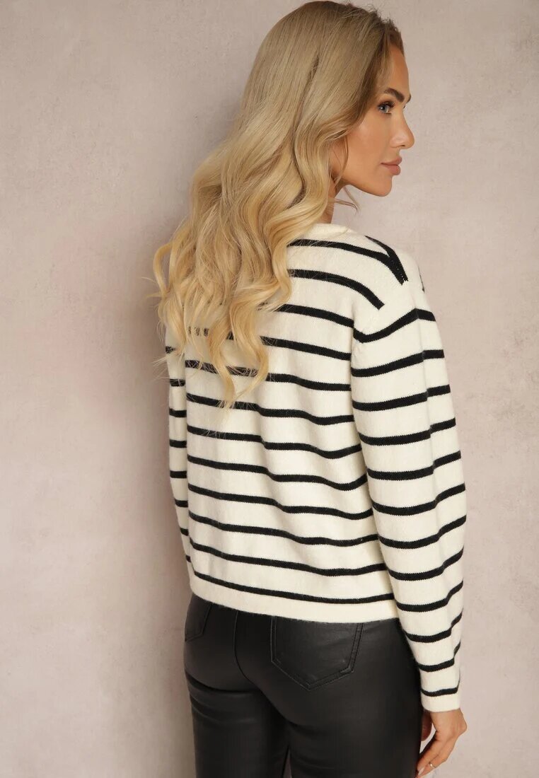 tandem Cardigan Crem-Negru cu Adaos de Cașmir cu nasturi Decorat cu Dungi și Imitație de Buzunare Ediala