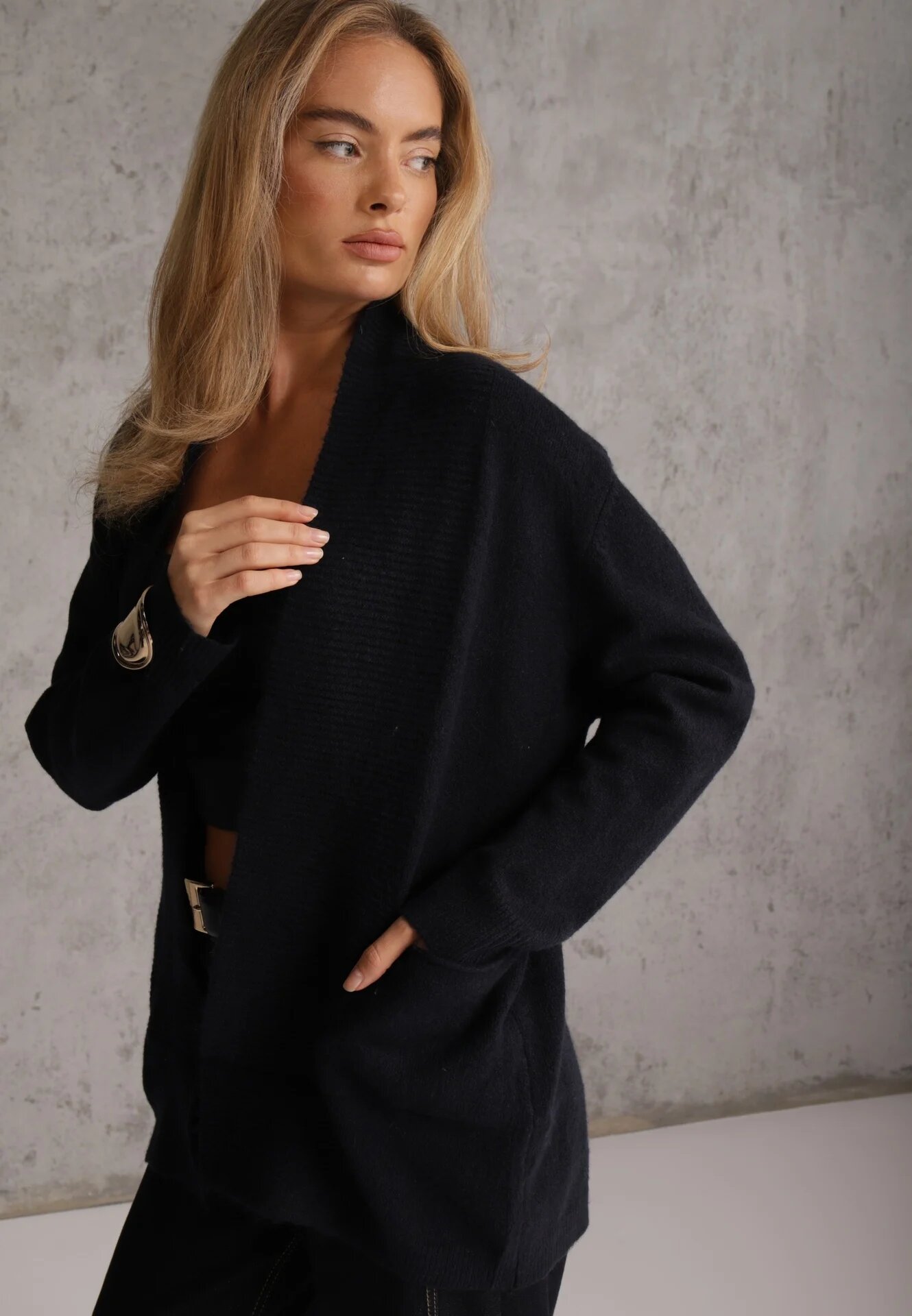 tandem Cardigan fără nasturi cu buzunare fără șireturi Nahas Bleumarin