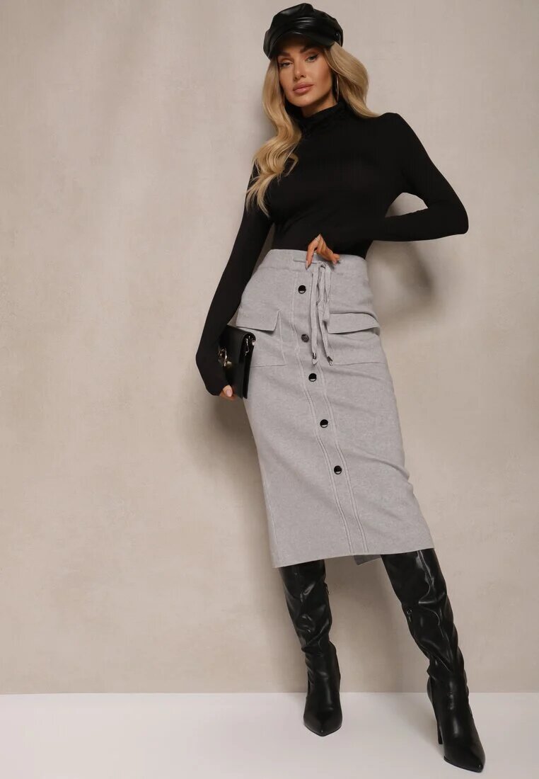 tandem Fustă creion Gri deschis cu cașmir High Waist cu nasturi decorativi și buzunare Edithwen