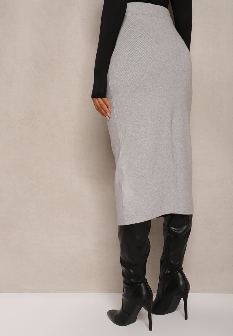 tandem Fustă creion Gri deschis cu cașmir High Waist cu nasturi decorativi și buzunare Edithwen