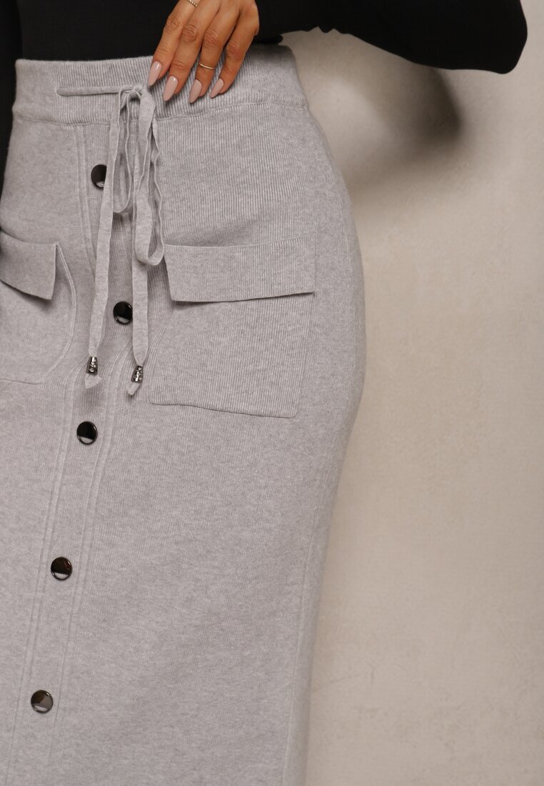 tandem Fustă creion Gri deschis cu cașmir High Waist cu nasturi decorativi și buzunare Edithwen