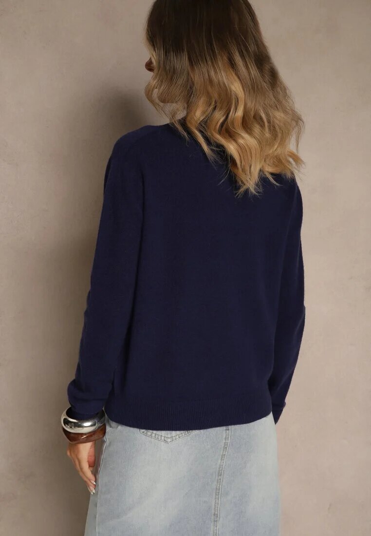 tandem Pulover bleumarin neted cu guler semi-înalt din tricot cu lână și viscoză Zaiara