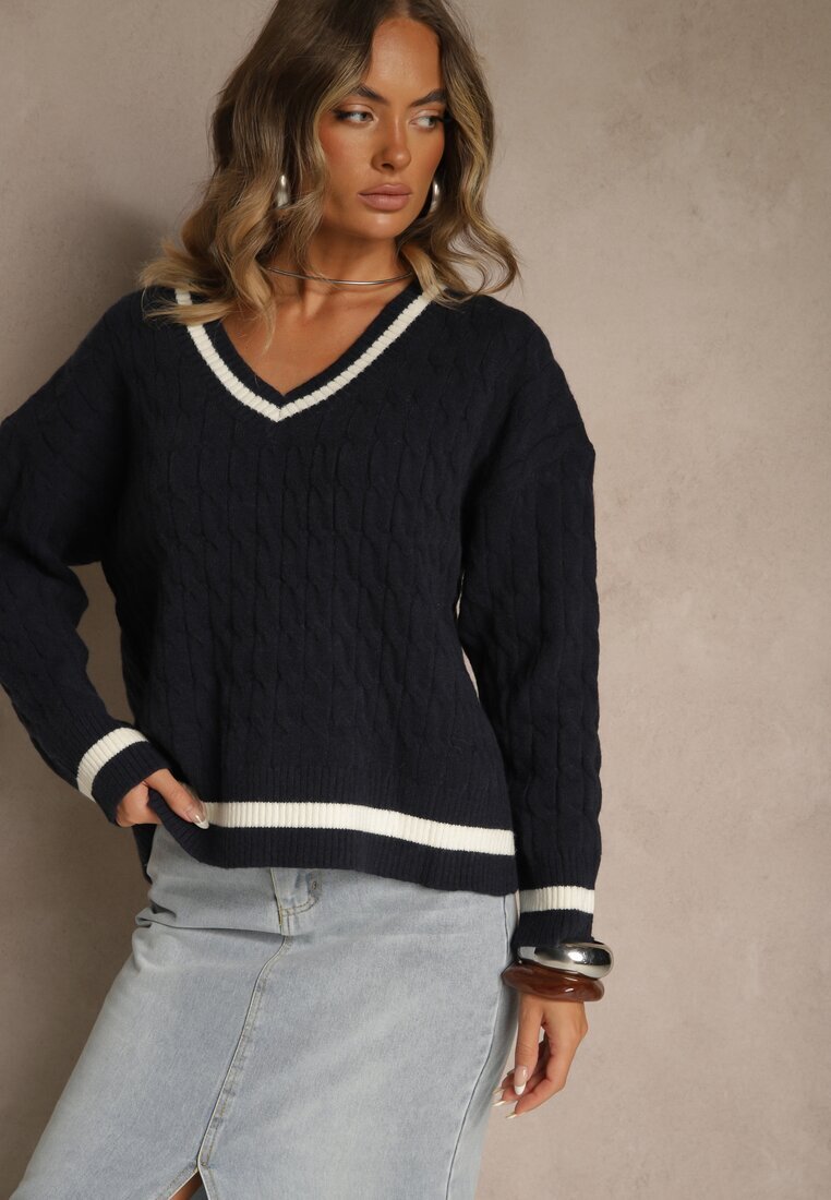 tandem Pulover Bleumarin stil Preppy cu Cașmir și torsadat Belmire