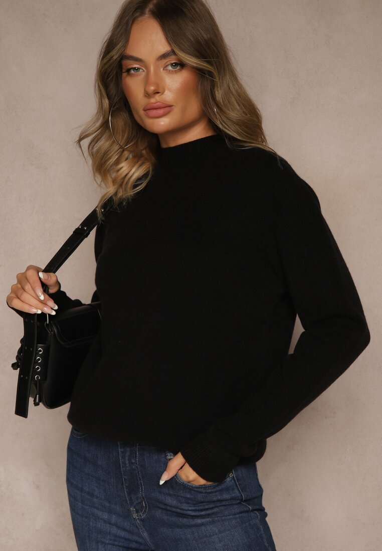 tandem Pulover Negru Neted cu Semi-guler din Tricot cu Lână și Vâscoză Zaiara