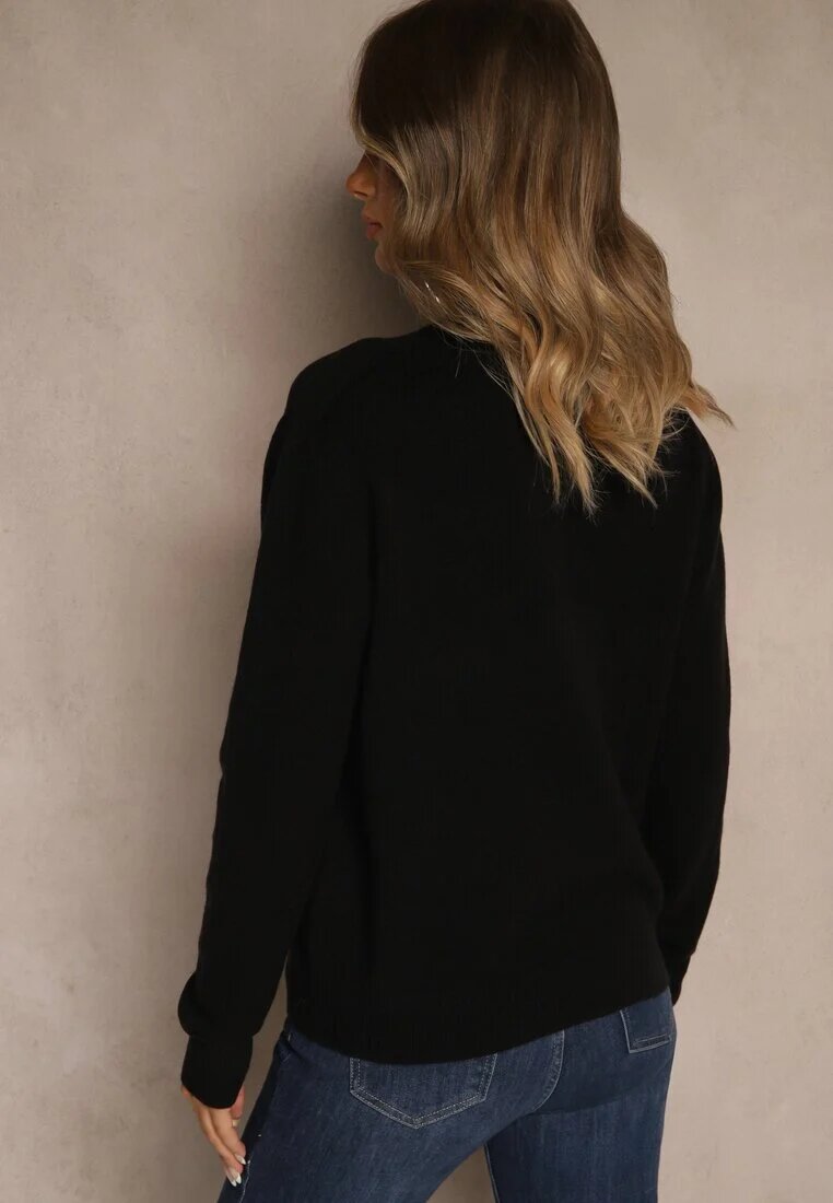 tandem Pulover Negru Neted cu Semi-guler din Tricot cu Lână și Vâscoză Zaiara