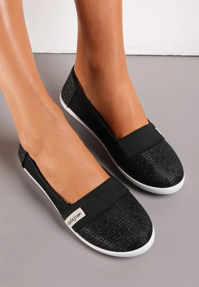  Teniși Negri Slip-on Sub Gleznă cu Fir Lucios Safeni