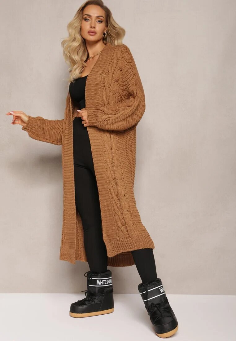 tricot station Cardigan Lung Maro cu Împletitură Decorativă Lată Havsana
