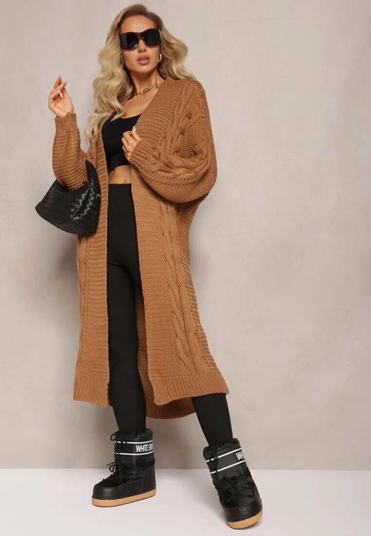 tricot station Cardigan Lung Maro cu Împletitură Decorativă Lată Havsana