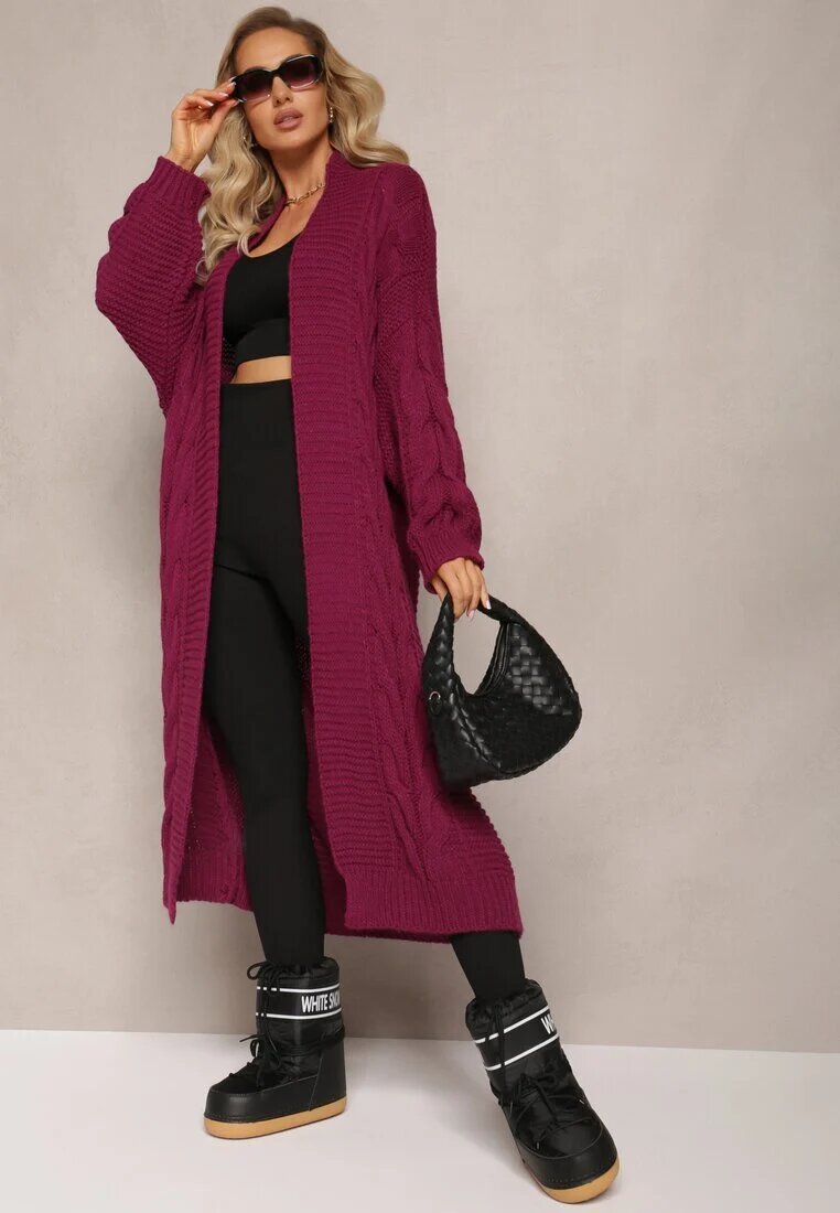 tricot station Cardigan Mov închis Lung cu Împletitură Lată Decorativă Havsana