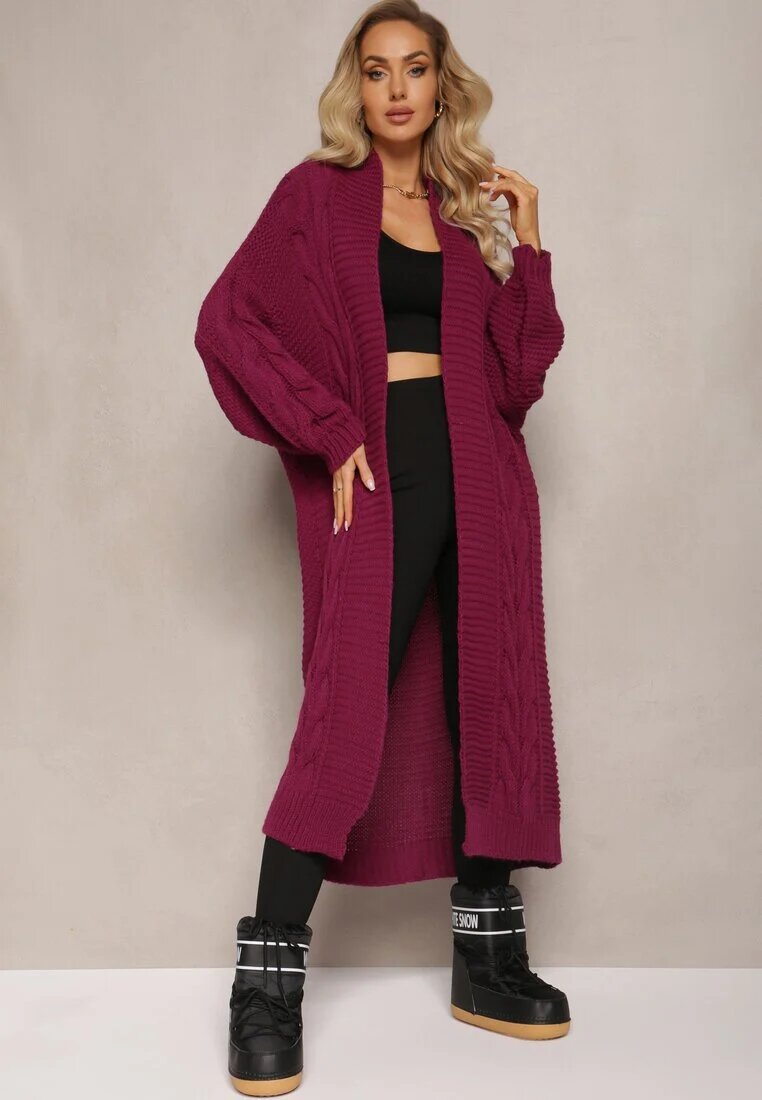 tricot station Cardigan Mov închis Lung cu Împletitură Lată Decorativă Havsana