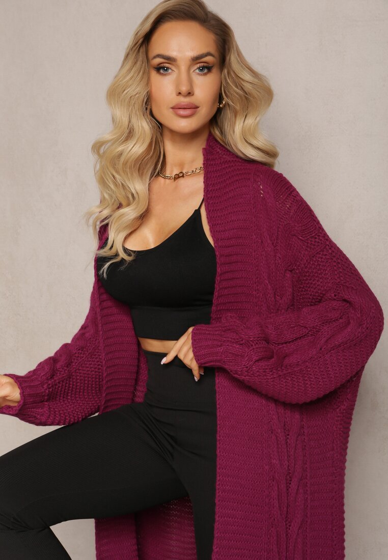 tricot station Cardigan Mov închis Lung cu Împletitură Lată Decorativă Havsana