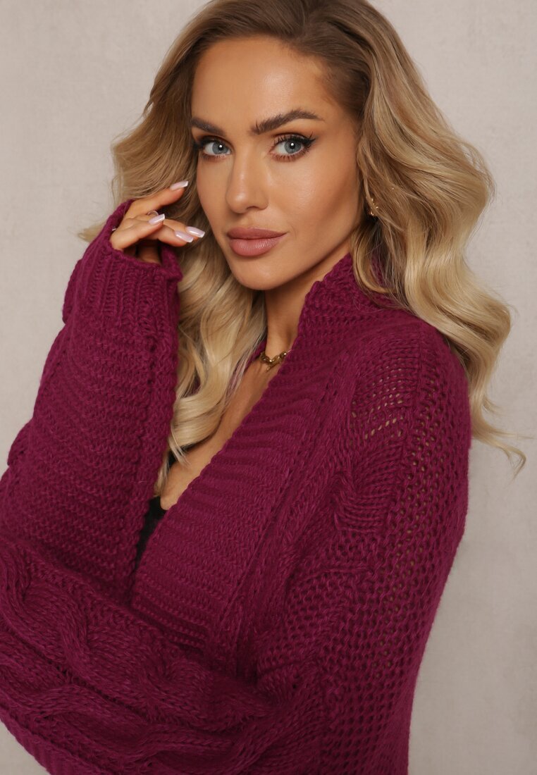 tricot station Cardigan Mov închis Lung cu Împletitură Lată Decorativă Havsana