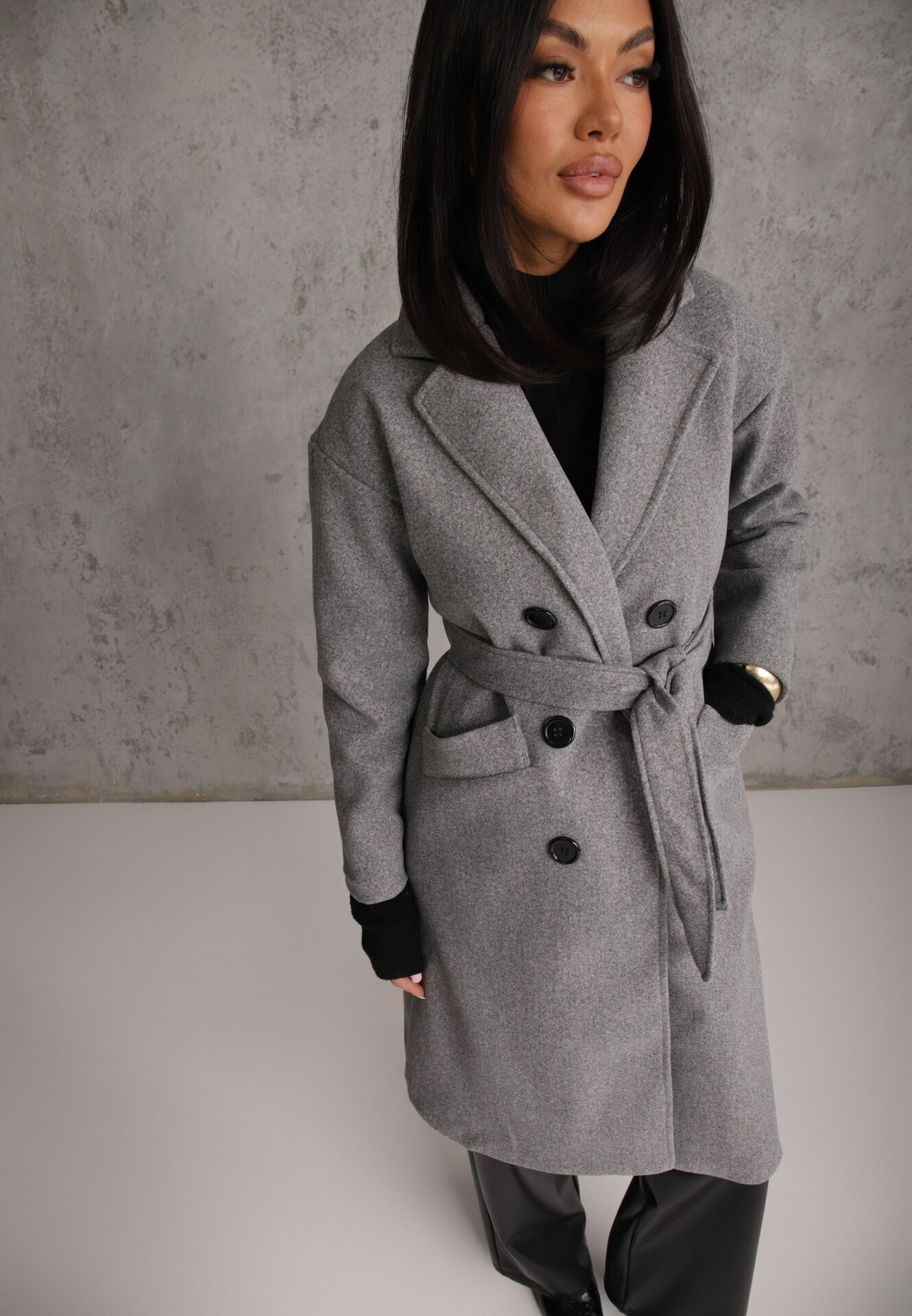 tricot station Palton Gri Dublu Petrecut Cu Cordon Meollie