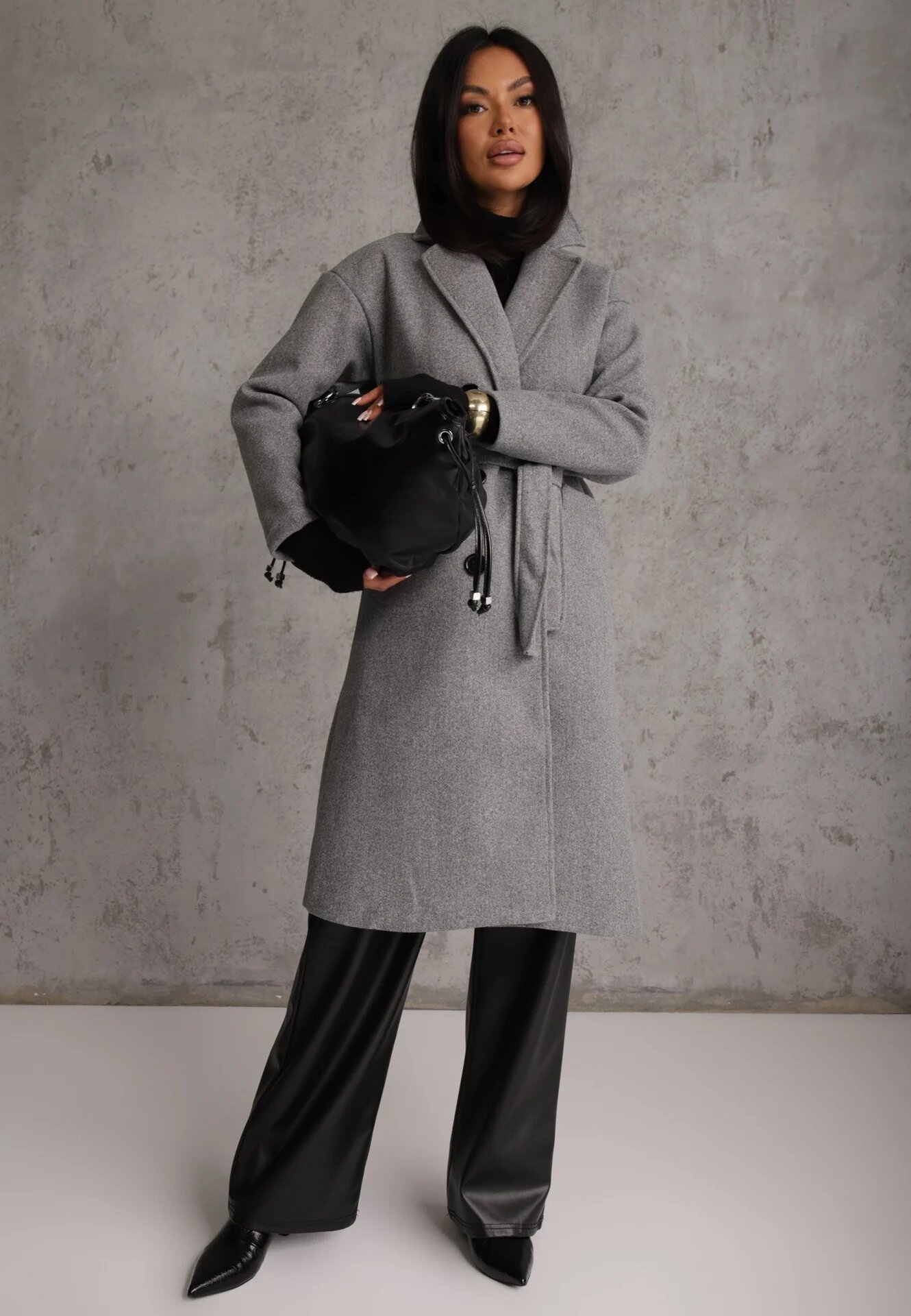 tricot station Palton Gri Dublu Petrecut Cu Cordon Meollie
