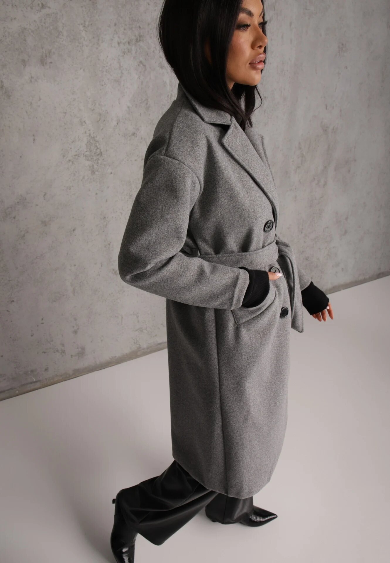 tricot station Palton Gri Dublu Petrecut Cu Cordon Meollie