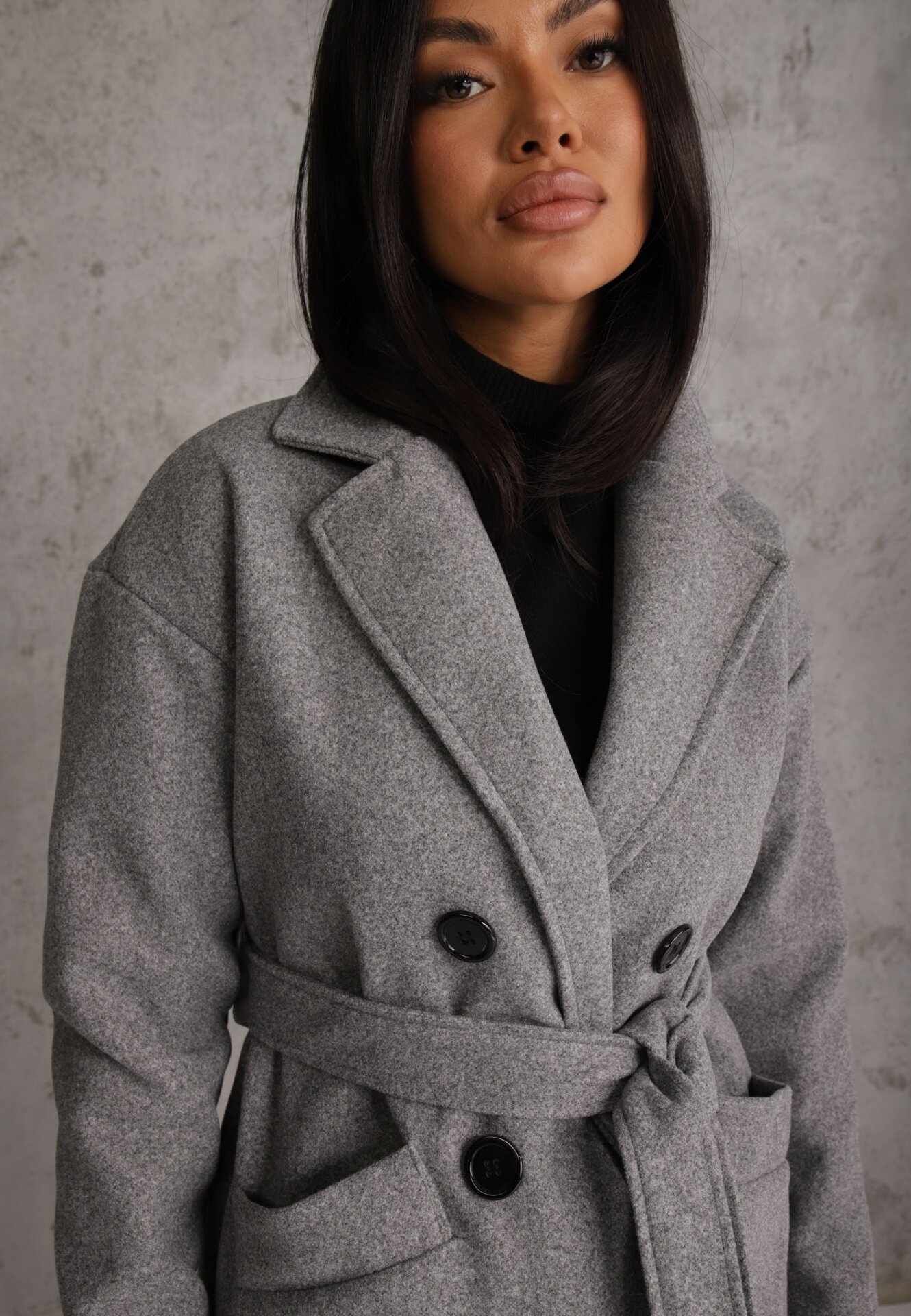 tricot station Palton Gri Dublu Petrecut Cu Cordon Meollie