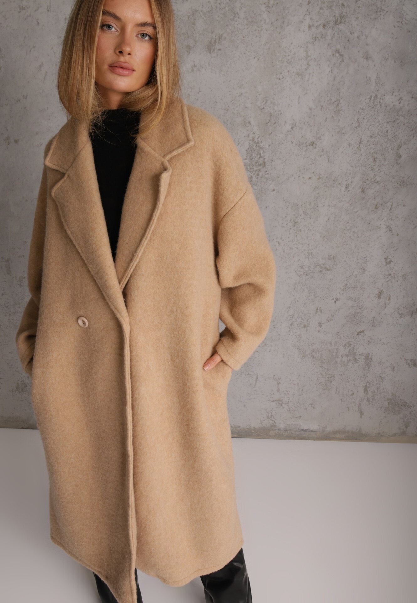 tricot station Palton Lung Bej Un rând de nasturi Croi oversize Vlekoma