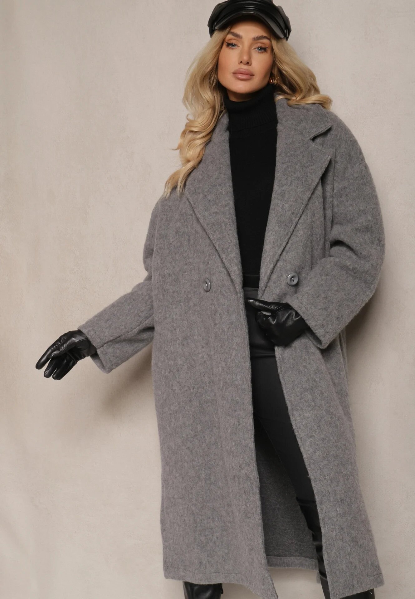 tricot station Palton Lung Gri închis La un rând de nasturi Croială oversize Vlekoma