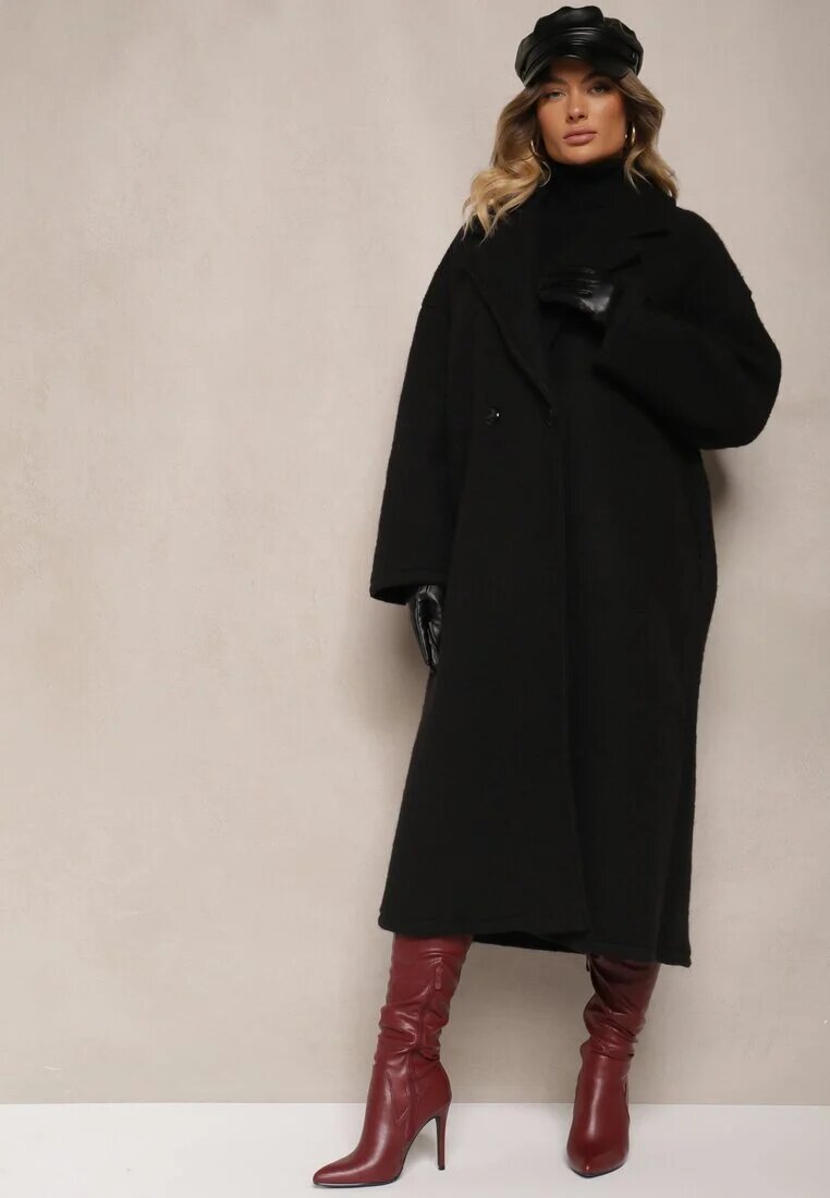 tricot station Palton Negru Lung Cu un rând de nasturi Oversize Vlekoma